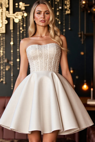 Ivory A Line Satin Strapless Corset Short Homecoming Dress